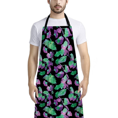 Purple And Green Leaf Pattern Print Bib Apron With Pocket