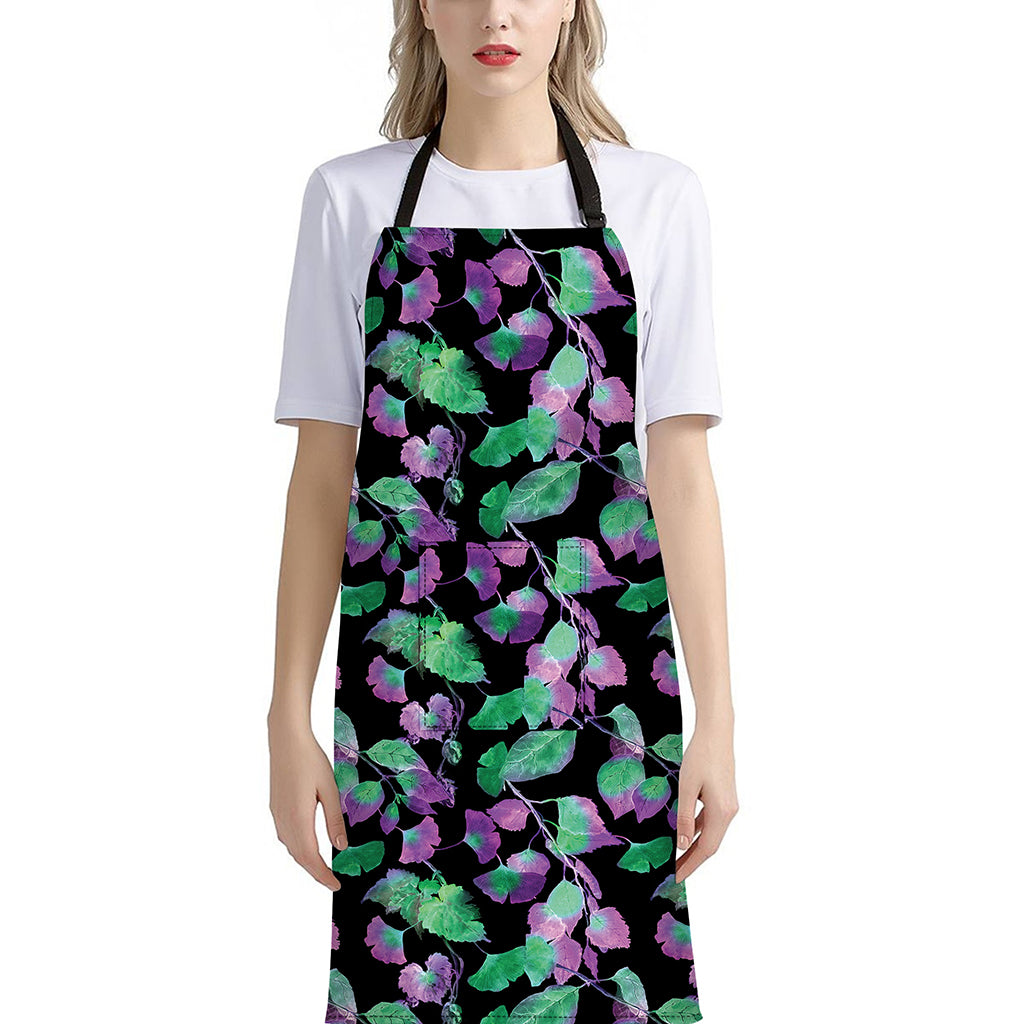 Purple And Green Leaf Pattern Print Bib Apron With Pocket
