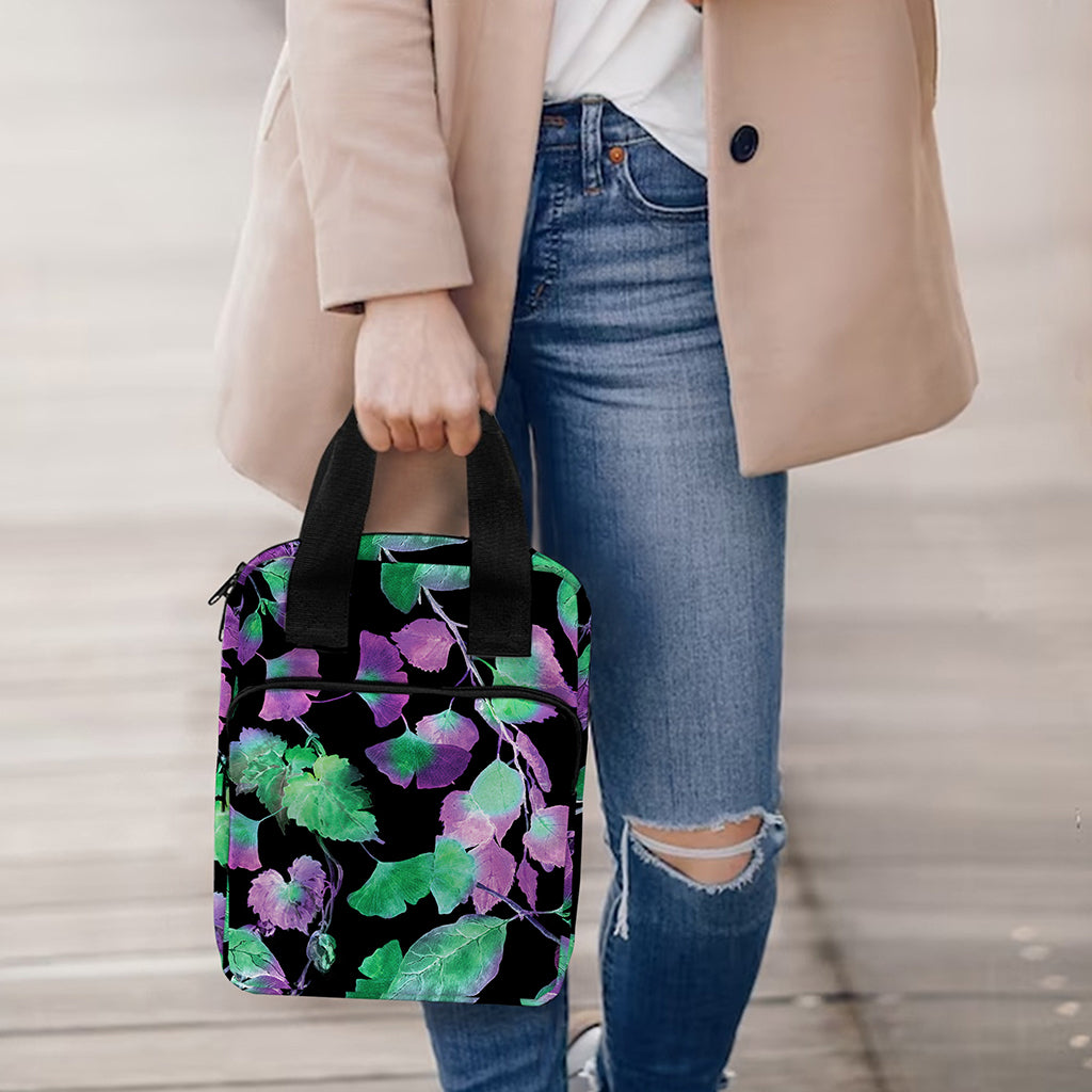 Purple And Green Leaf Pattern Print Bible Tote Bag