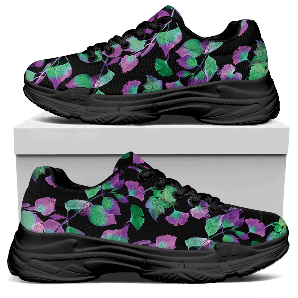 Purple And Green Leaf Pattern Print Black Chunky Shoes