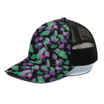 Purple And Green Leaf Pattern Print Black Mesh Trucker Cap