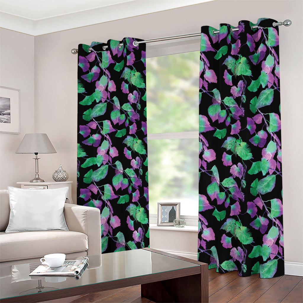 Purple And Green Leaf Pattern Print Blackout Grommet Curtains
