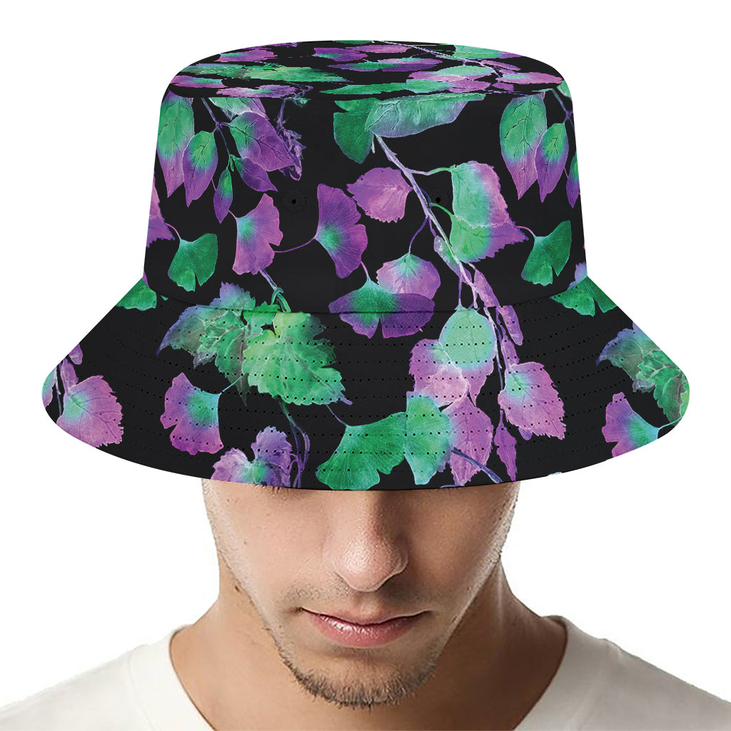 Purple And Green Leaf Pattern Print Bucket Hat