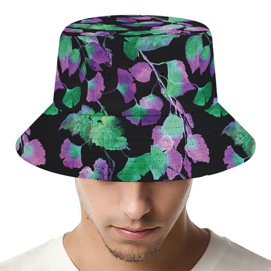 Purple And Green Leaf Pattern Print Bucket Hat