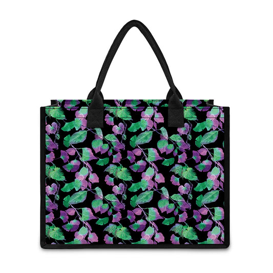 Purple And Green Leaf Pattern Print Canvas Tote Bag