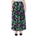 Purple And Green Leaf Pattern Print Chiffon Maxi Skirt