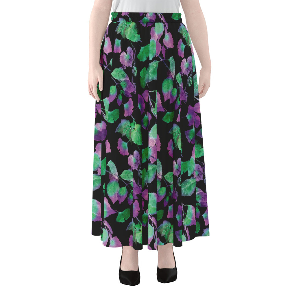 Purple And Green Leaf Pattern Print Chiffon Maxi Skirt