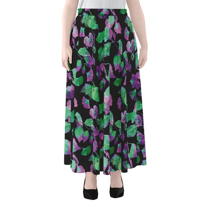 Purple And Green Leaf Pattern Print Chiffon Maxi Skirt