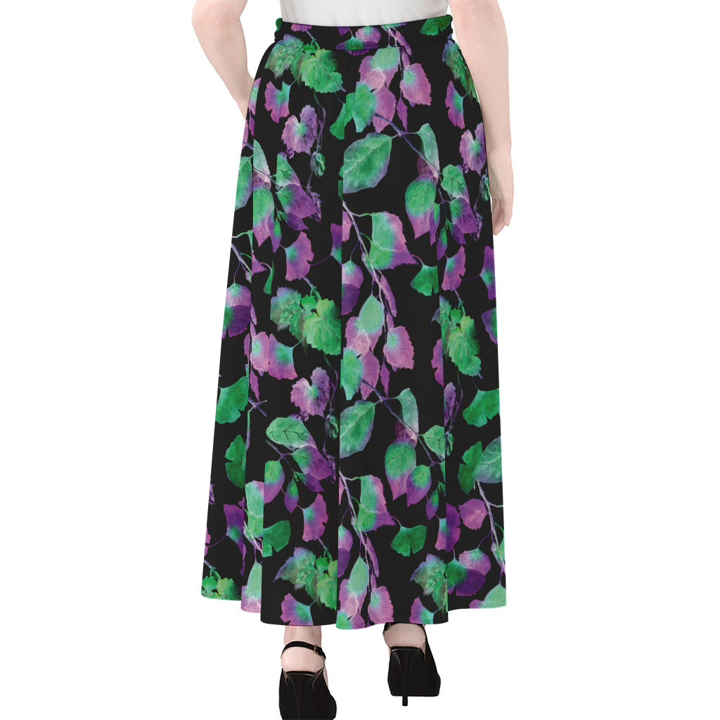 Purple And Green Leaf Pattern Print Chiffon Maxi Skirt