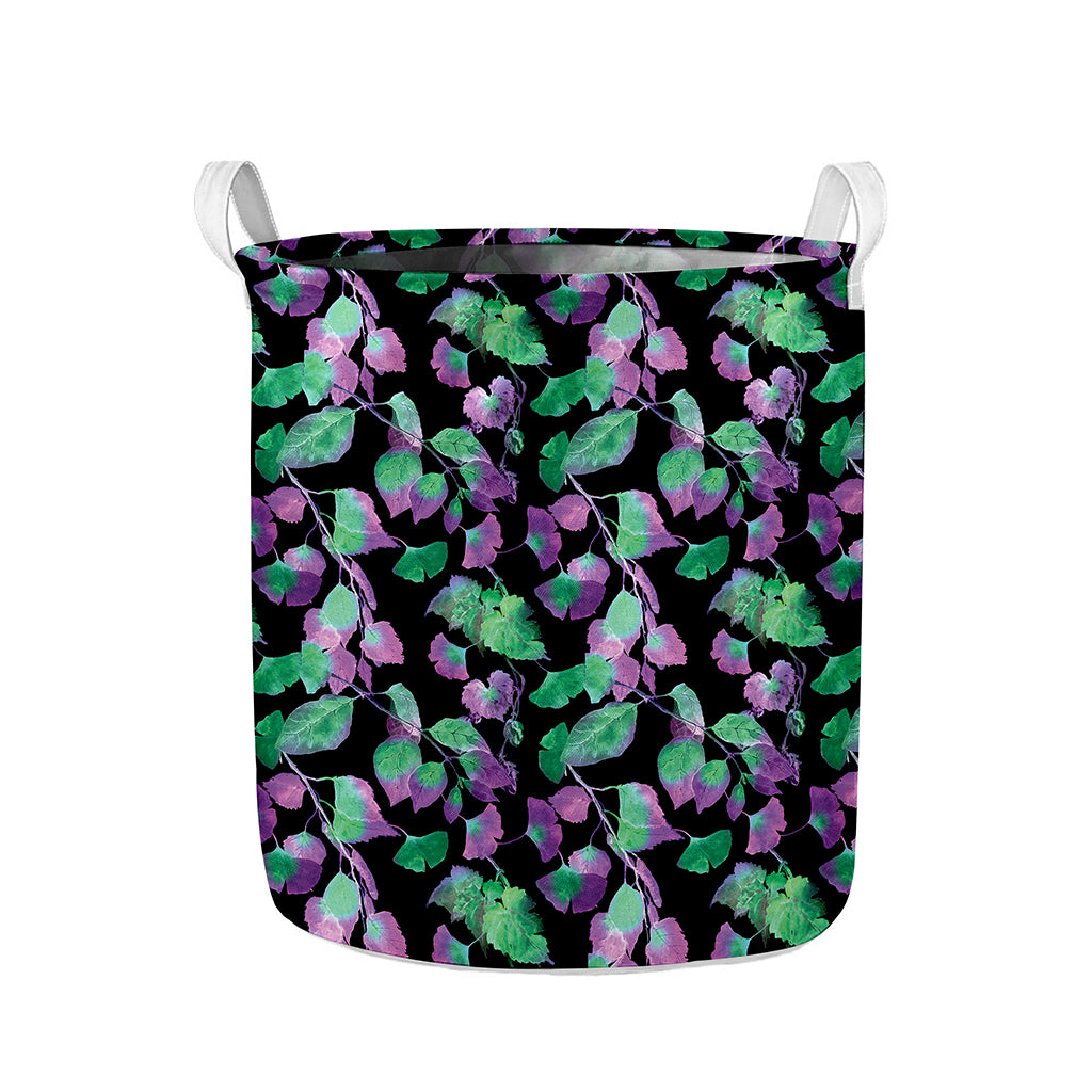 Purple And Green Leaf Pattern Print Collapsible Laundry Basket