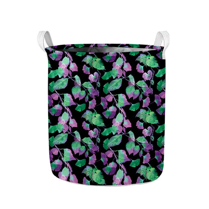 Purple And Green Leaf Pattern Print Collapsible Laundry Basket