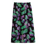 Purple And Green Leaf Pattern Print Cotton Front Slit Maxi Skirt