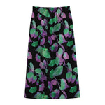 Purple And Green Leaf Pattern Print Cotton Front Slit Maxi Skirt