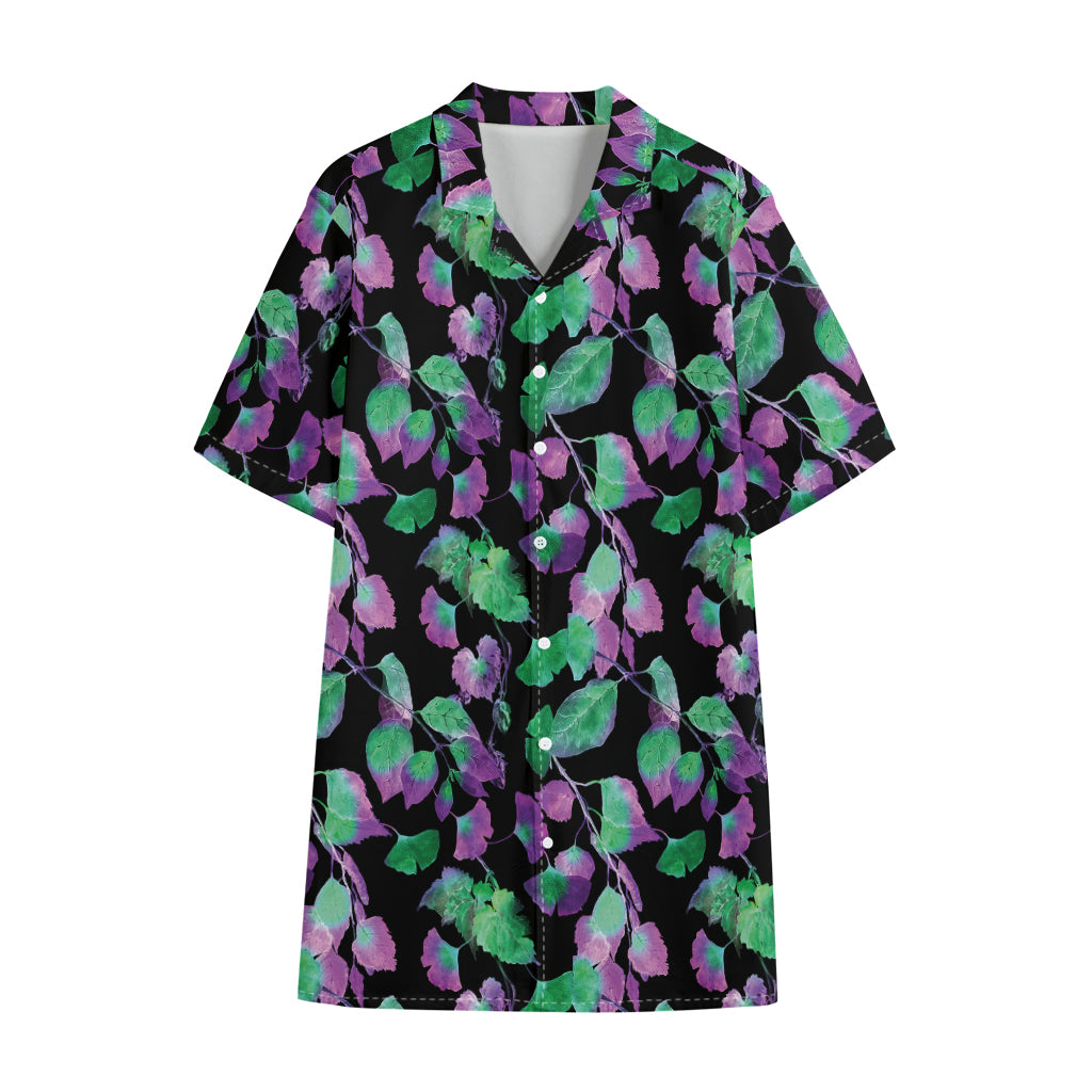 Purple And Green Leaf Pattern Print Cotton Hawaiian Shirt