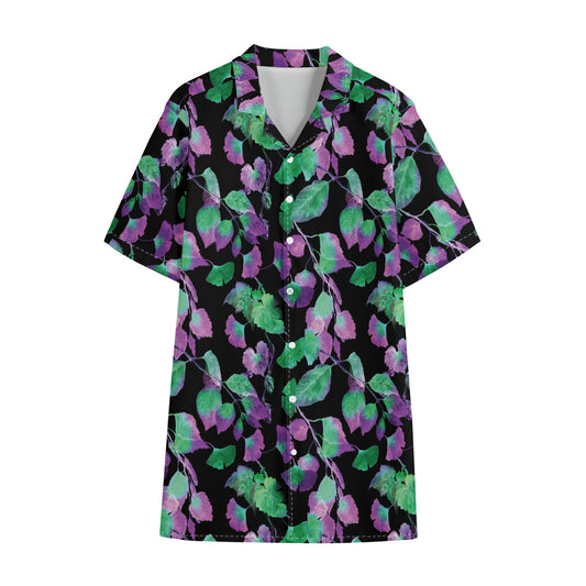 Purple And Green Leaf Pattern Print Cotton Hawaiian Shirt