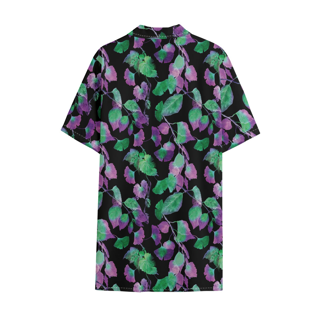 Purple And Green Leaf Pattern Print Cotton Hawaiian Shirt