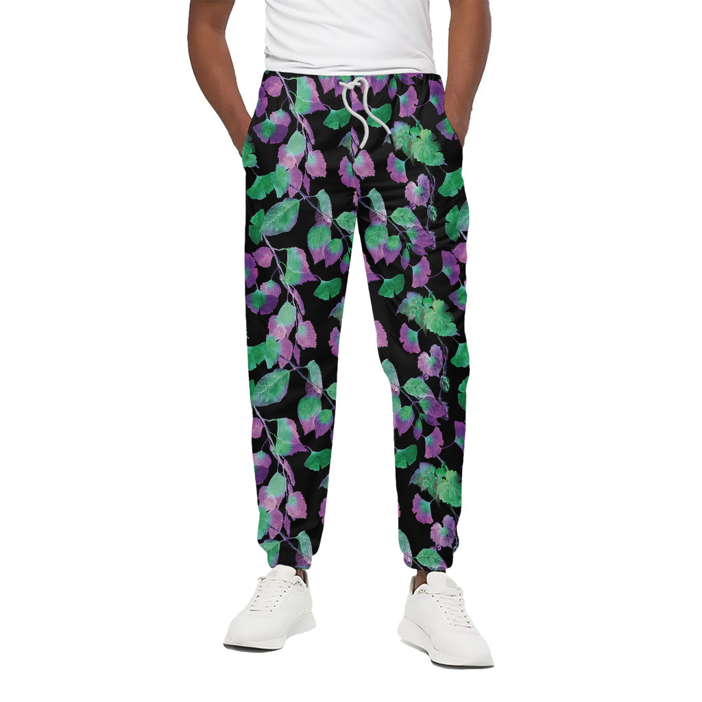 Purple And Green Leaf Pattern Print Cotton Pants