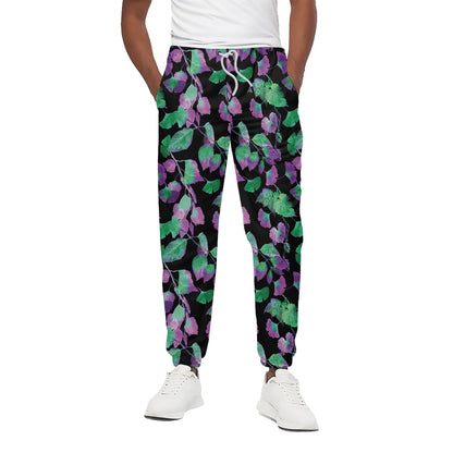 Purple And Green Leaf Pattern Print Cotton Pants