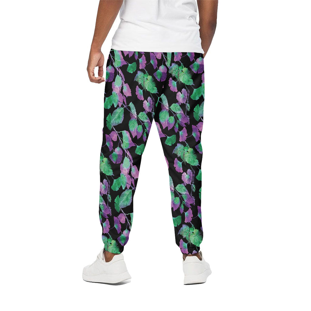 Purple And Green Leaf Pattern Print Cotton Pants