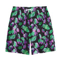Purple And Green Leaf Pattern Print Cotton Shorts