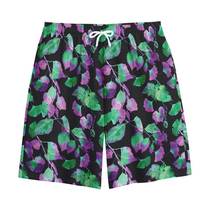 Purple And Green Leaf Pattern Print Cotton Shorts