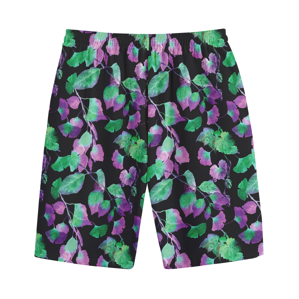 Purple And Green Leaf Pattern Print Cotton Shorts
