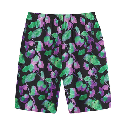 Purple And Green Leaf Pattern Print Cotton Shorts