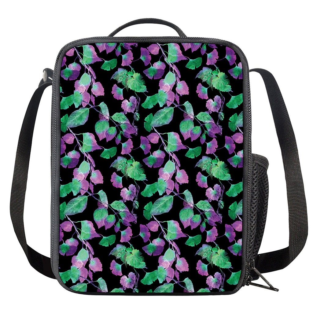 Purple And Green Leaf Pattern Print Crossbody Lunch Bag