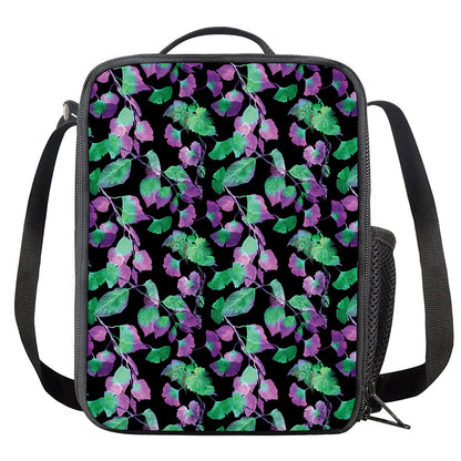 Purple And Green Leaf Pattern Print Crossbody Lunch Bag