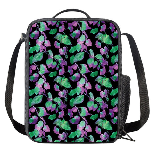 Purple And Green Leaf Pattern Print Crossbody Lunch Bag