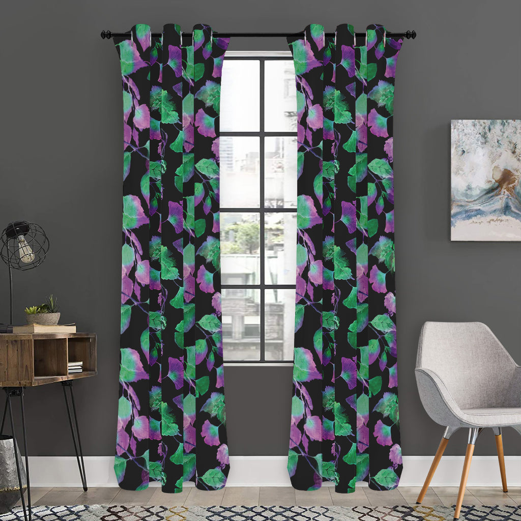 Purple And Green Leaf Pattern Print Curtain