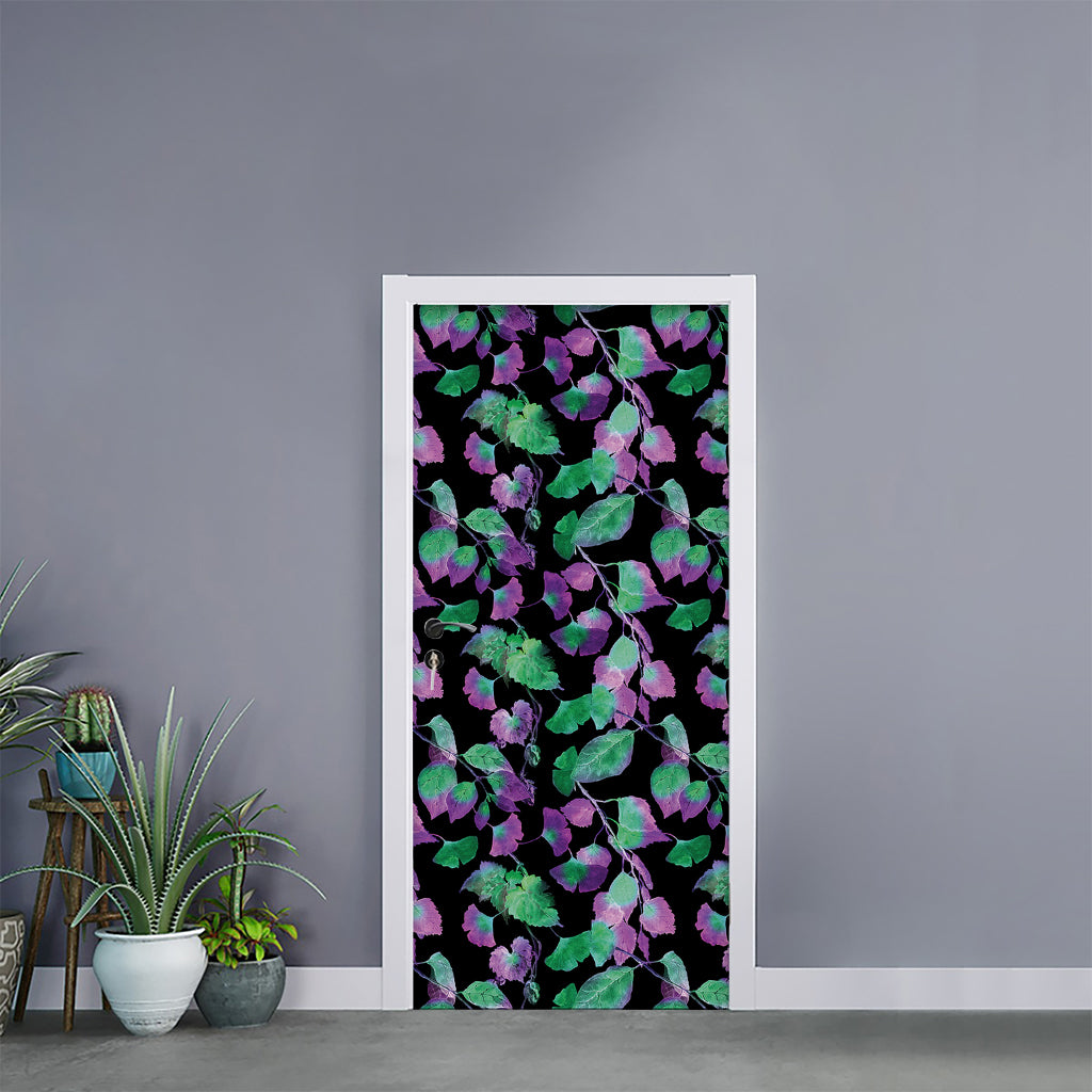 Purple And Green Leaf Pattern Print Door Sticker