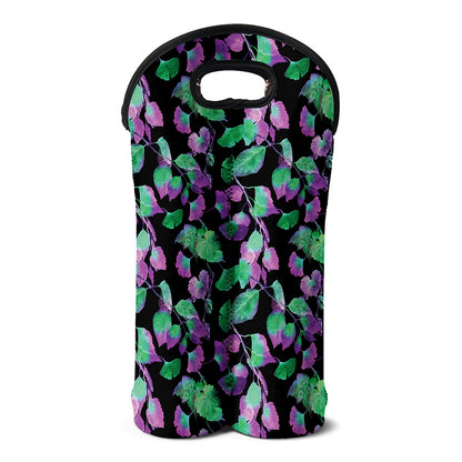Purple And Green Leaf Pattern Print Double Neoprene Wine Tote