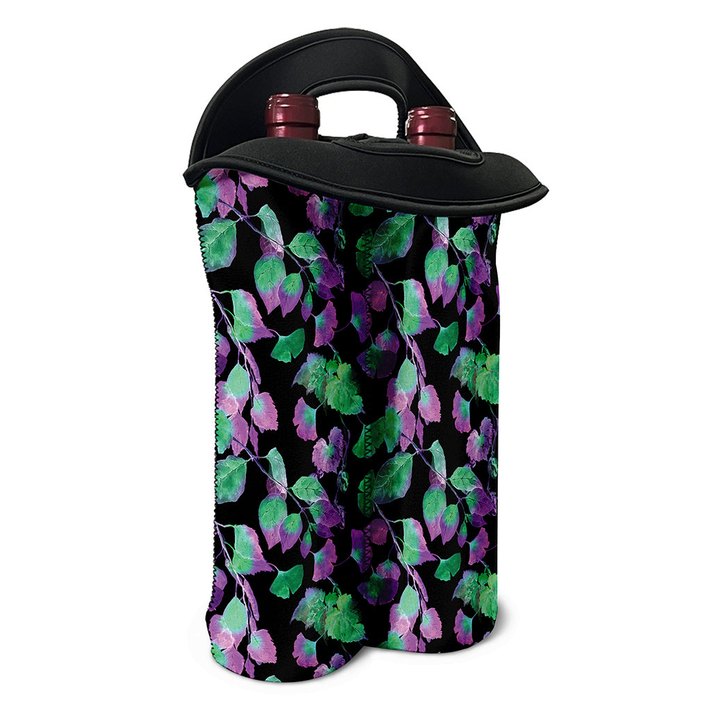 Purple And Green Leaf Pattern Print Double Neoprene Wine Tote