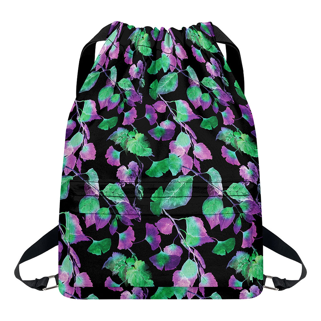 Purple And Green Leaf Pattern Print Drawstring Backpack
