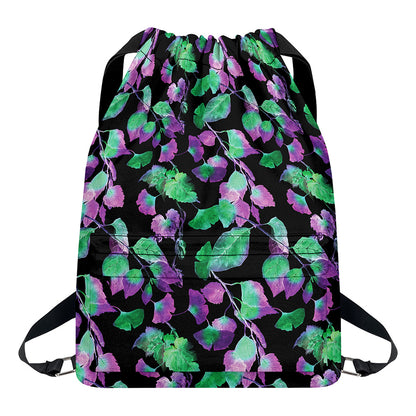 Purple And Green Leaf Pattern Print Drawstring Backpack