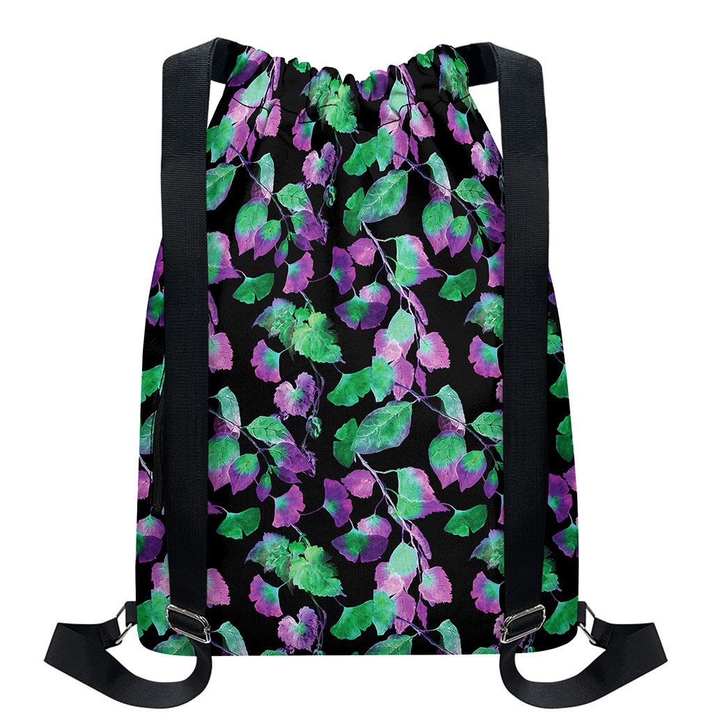 Purple And Green Leaf Pattern Print Drawstring Backpack