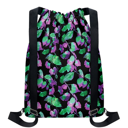 Purple And Green Leaf Pattern Print Drawstring Backpack