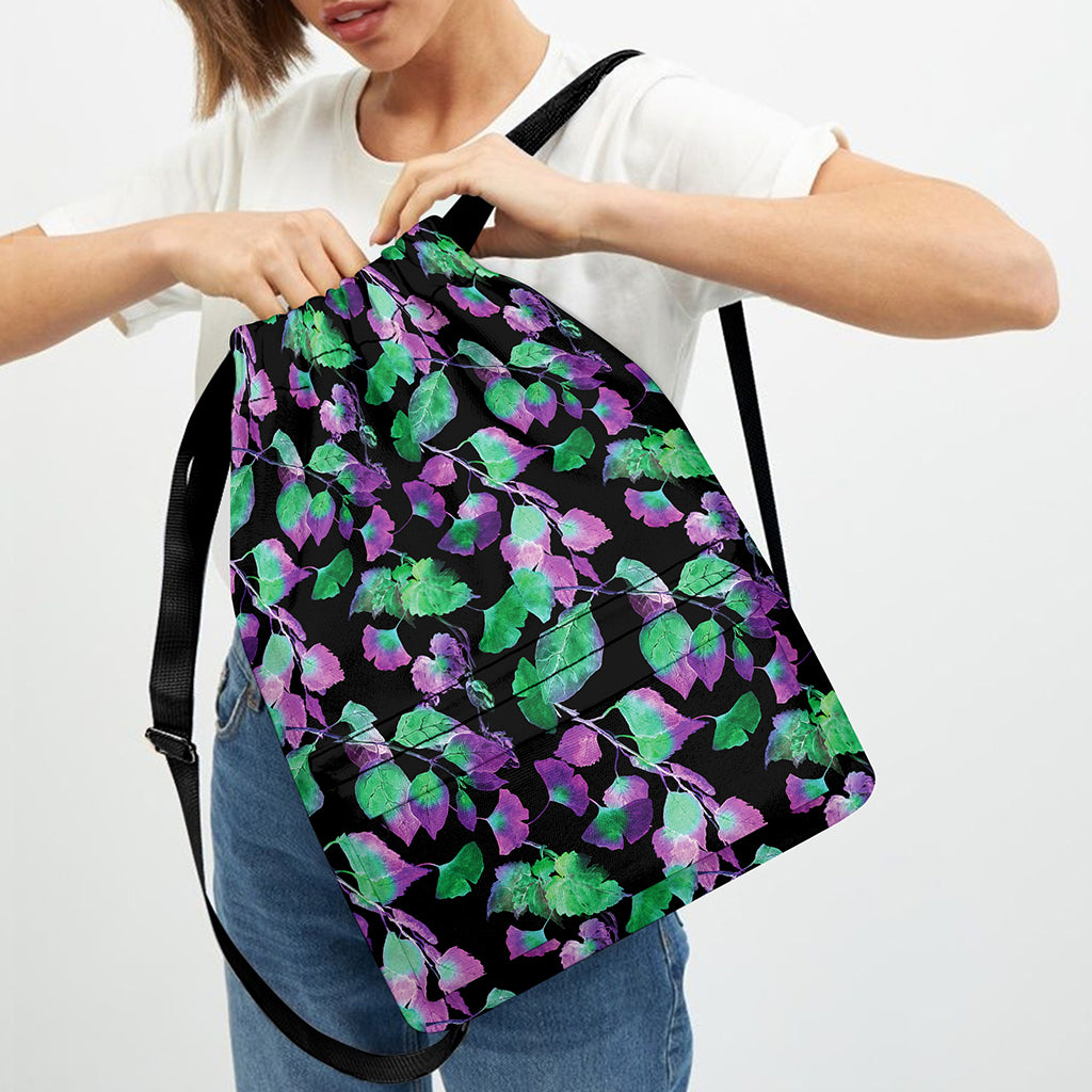 Purple And Green Leaf Pattern Print Drawstring Backpack