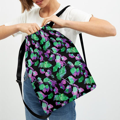 Purple And Green Leaf Pattern Print Drawstring Backpack