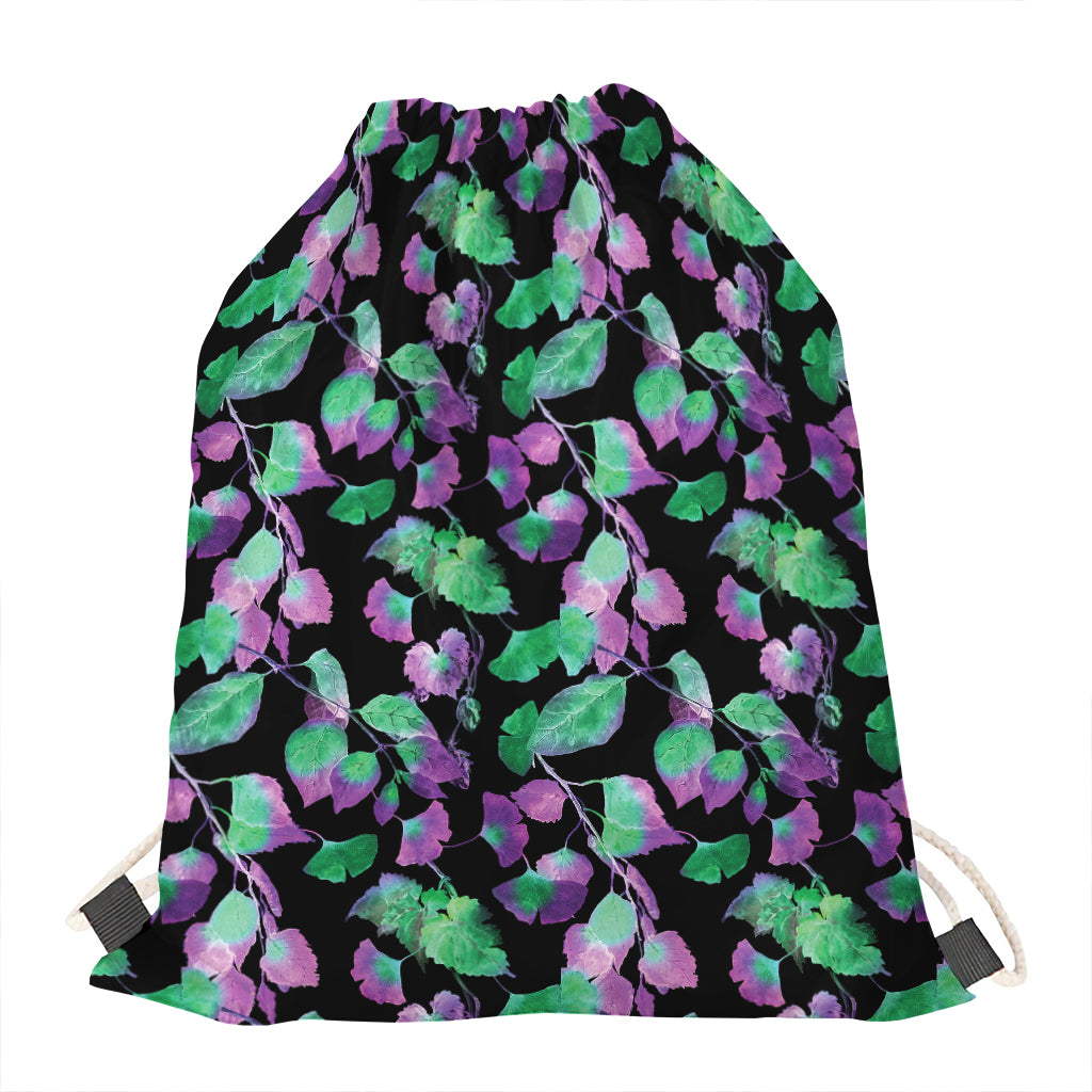 Purple And Green Leaf Pattern Print Drawstring Bag