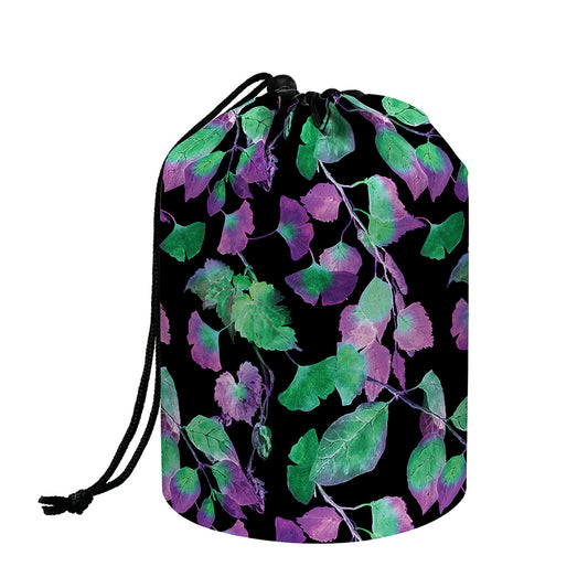 Purple And Green Leaf Pattern Print Drawstring Makeup Bag