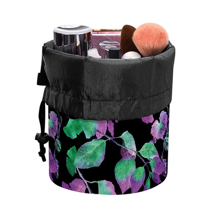 Purple And Green Leaf Pattern Print Drawstring Makeup Bag