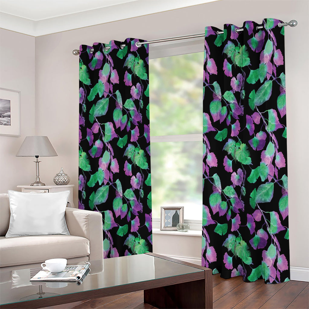 Purple And Green Leaf Pattern Print Extra Wide Grommet Curtains