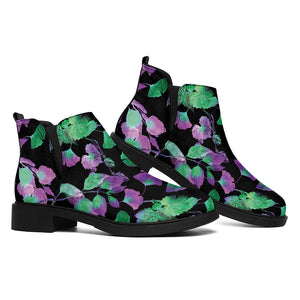 Purple And Green Leaf Pattern Print Flat Ankle Boots