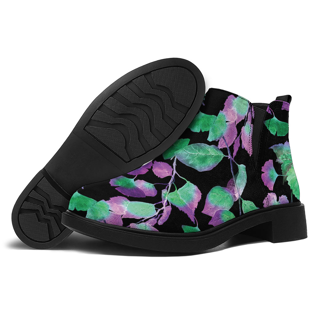 Purple And Green Leaf Pattern Print Flat Ankle Boots