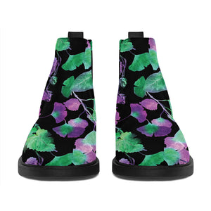 Purple And Green Leaf Pattern Print Flat Ankle Boots