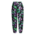 Purple And Green Leaf Pattern Print Fleece Lined Knit Pants