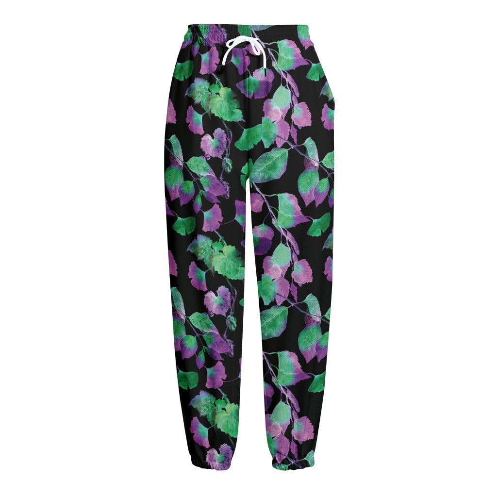 Purple And Green Leaf Pattern Print Fleece Lined Knit Pants