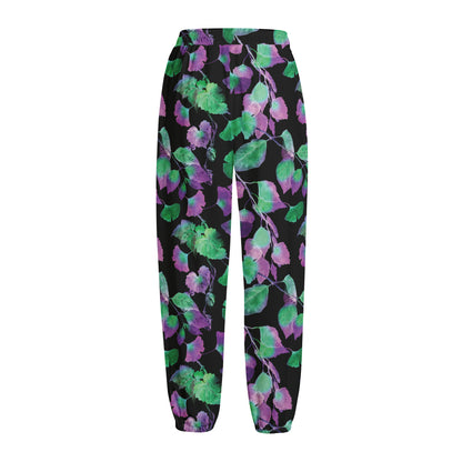 Purple And Green Leaf Pattern Print Fleece Lined Knit Pants
